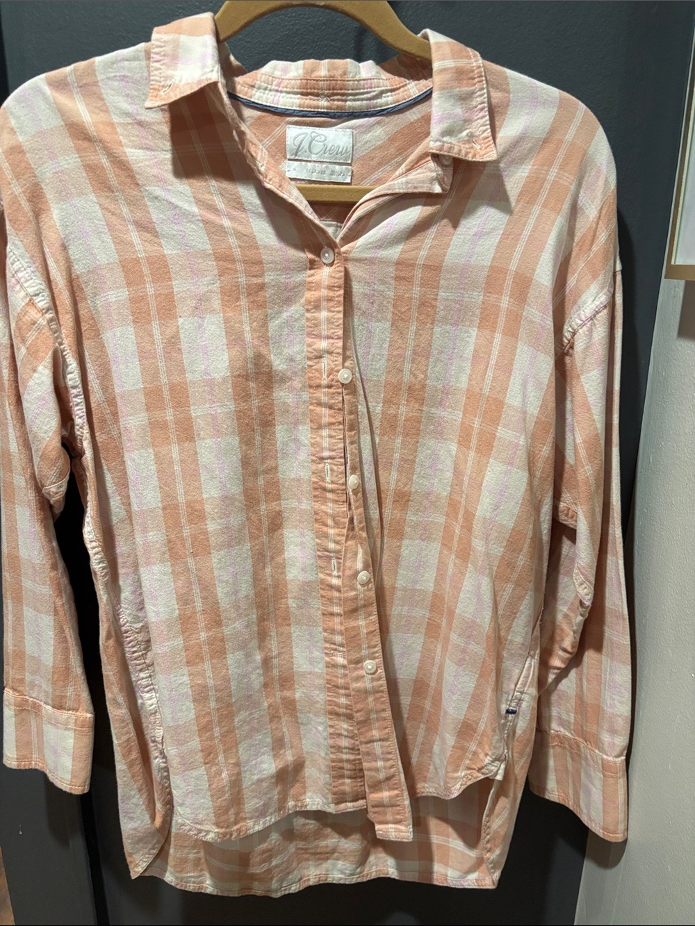 J. Crew Peach and White Plaid Button-Down Shirt